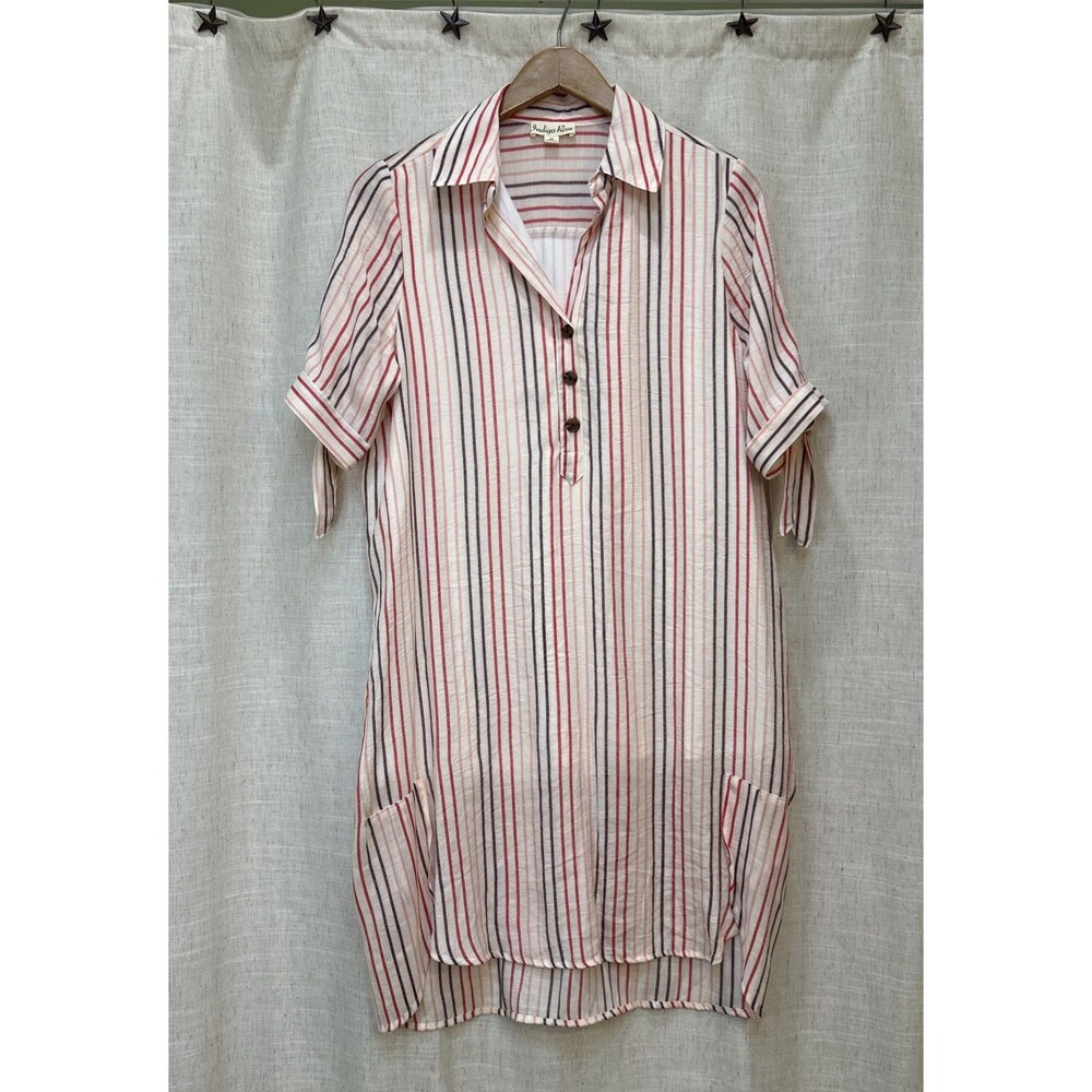 Indigo Rose Midi Shirt Dress Striped Tie Sleeve Pink Collared Womens M NWT